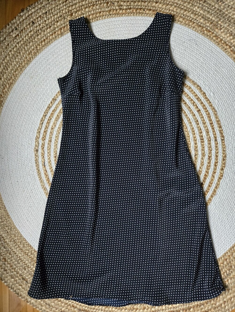 Jessica Sleeveless Navy Polka Dot Mini Dress Fit and Flare Timeless Minimalist